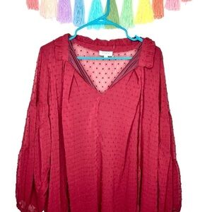 Umgee Swiss Dot Red Burgundy Boho Long Sleeve Tunic Dress Size Large